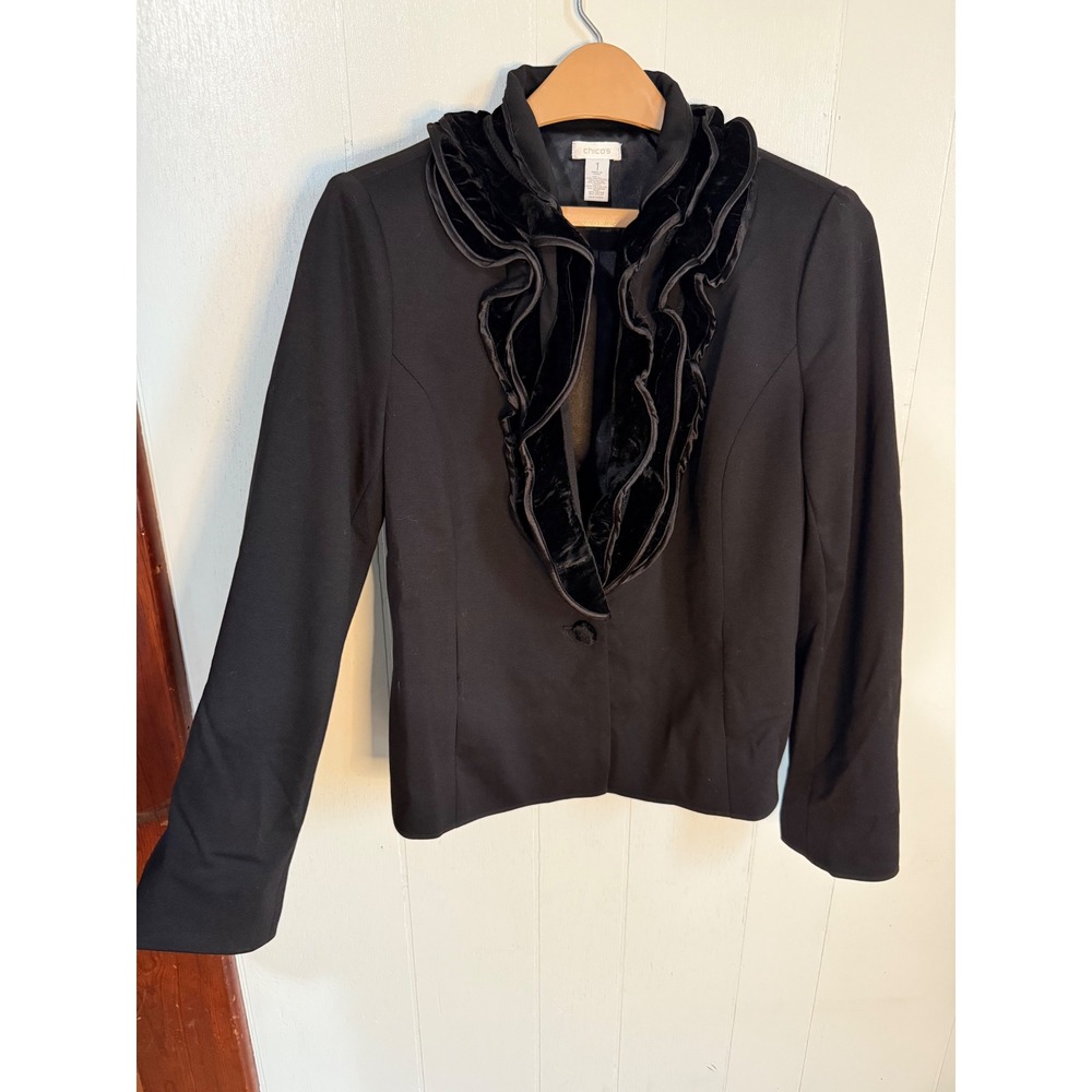 Chicos Black Velvet Ruffle Collar Blazer Jacket Women Size 1